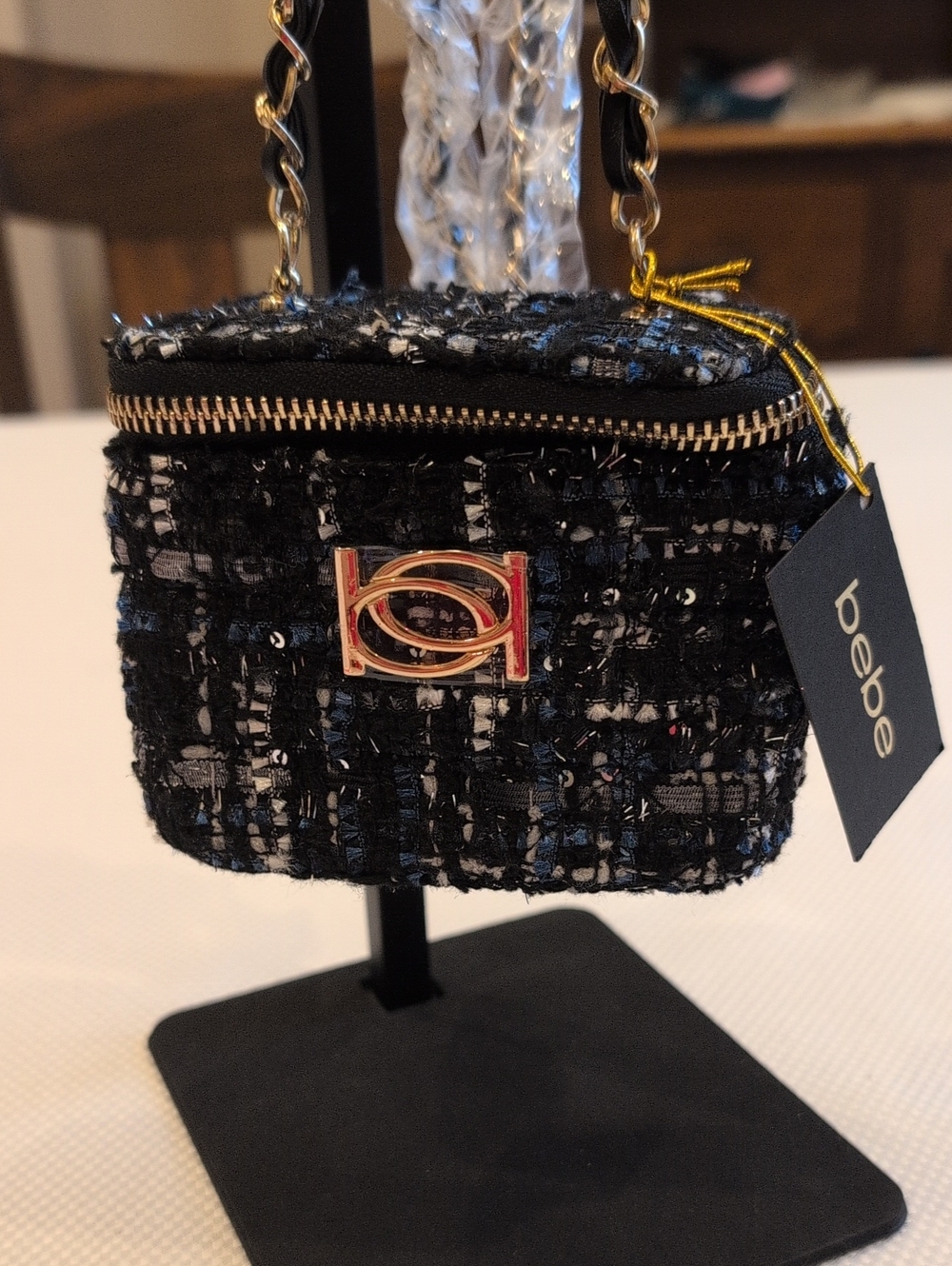 bebe Black Tweed Mini Bag with Gold Hardware